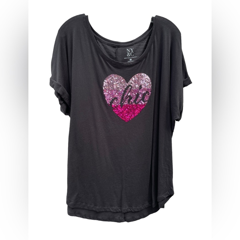 New York & Company Black short Sleeve Sequined Shirt